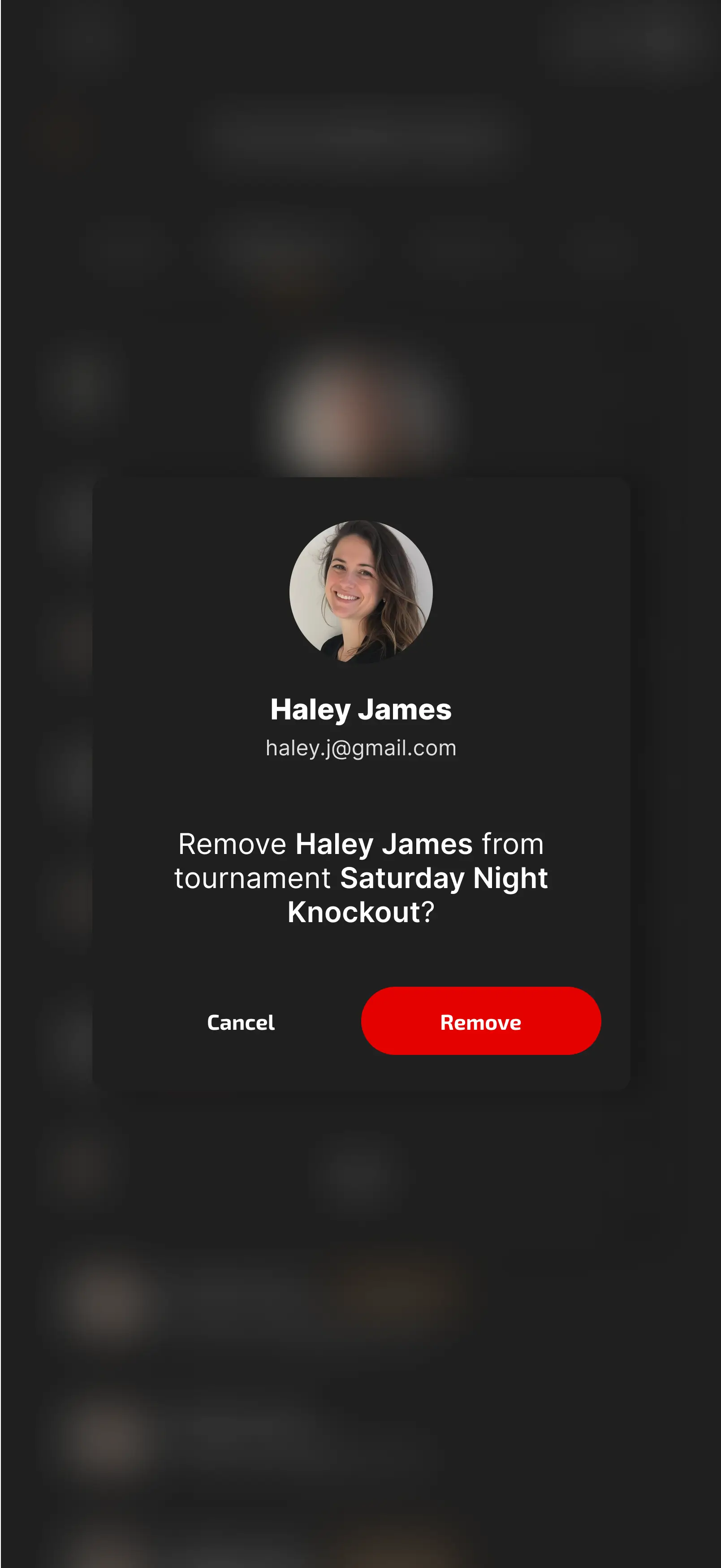 Remove player from the tournament confirmation screen